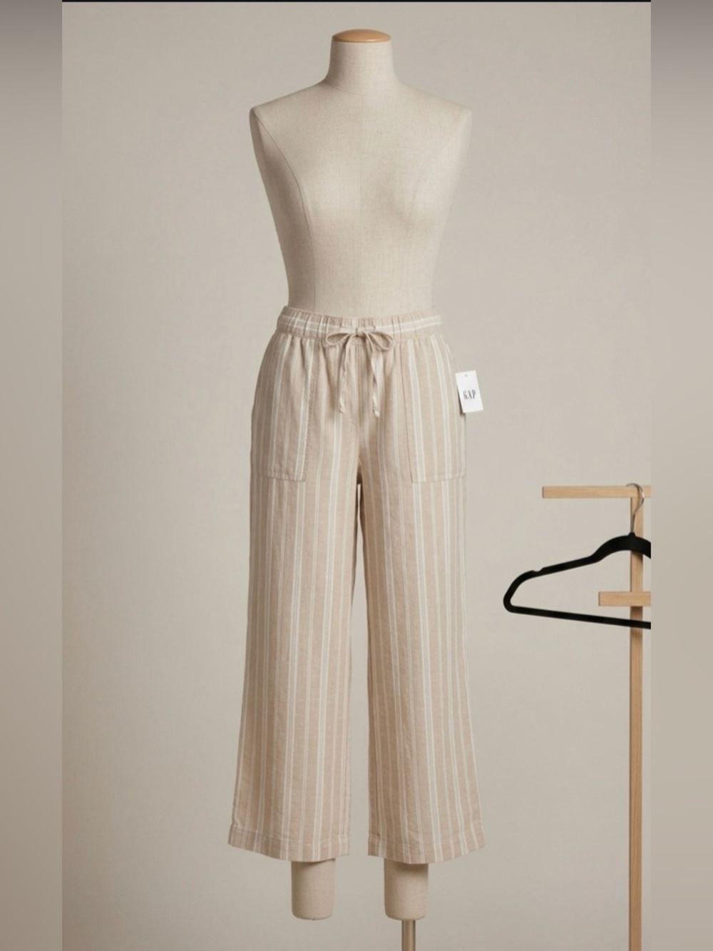 GAP Beige & Ivory Striped Wide-Leg Linen Blend Pants Size L NWT